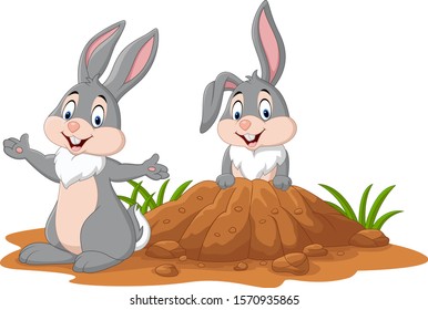 Cartoon two rabbits in the hole