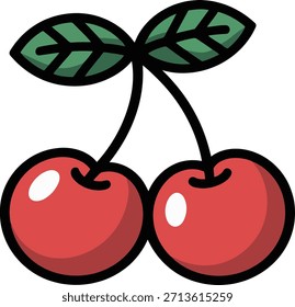 Caricatura de dos cerezas rojas con hojas verdes sobre un fondo blanco