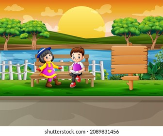 Cartoon two smart kids reading a book on a chair with nature background