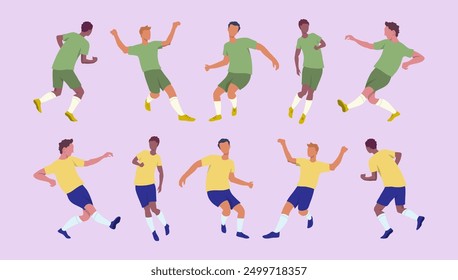 Cartoon Two Soccer Teams Players Characters Set Football Match Competition Concept Flat Design Style. Vector illustration