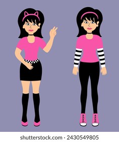 Cartoon two teenage girls emo. Young women with black hair wearing mini skirt, cat hairband, pants, sneakers. Y2k 2000s style. Black and pink. Vector Flat illustration.