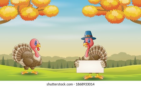 Cartoon two turkey birds in the green field illustration