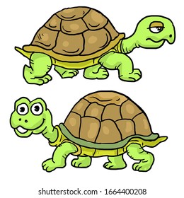 Cartoon two turtles slowly walking