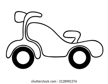 Cartoon two wheeled vehicle, outline motorbike. Vector isolated children illustration for colouring page, puzzle, print, kids room decor, stickers, cards.