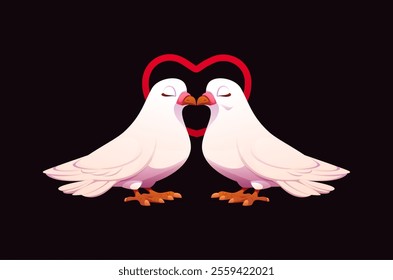 Cartoon two white doves with heart outline shape, symbolizing love, romance, peace, and unity for Valentines Day or wedding celebrations. Vector pair of pigeon birds facing each other with their beaks