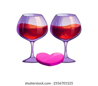 Cartoon two wine glasses filled with red wine alongside a pink heart, embodying romance and Valentine Day holiday. Isolated vector pair of glasses, symbol of for love, dating, passion and celebration