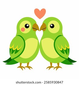 Cartoon two yellow green color lovebirds parrot on a white background. Cute little birds. Suitable for education poster infographic guide catalog,children's books. Pro Vector