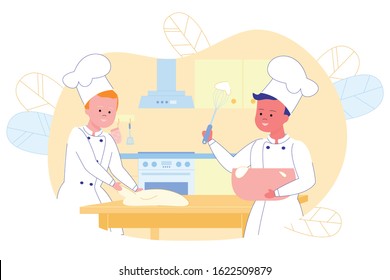 Cartoon Two Young Boys Characters Wearing White Cook Chef Uniform Cooking. One Cooker Kneading Dough on Flat Kitchen Table, Another Whisking Cream in Bowl. Culinary Hobby Vector Cutout Illustration