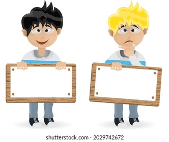 Cartoon zwei junge Mann halten zwei leere Banner mit Denkhaltung