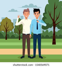 cartoon two young men in the park, colorful design. vector illustration