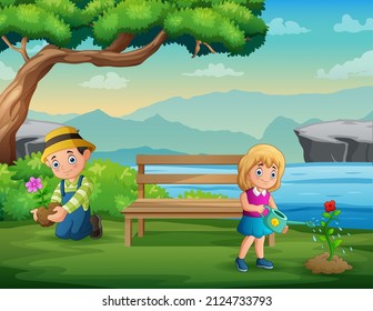 Cartoon two young people planting a flower in the garden