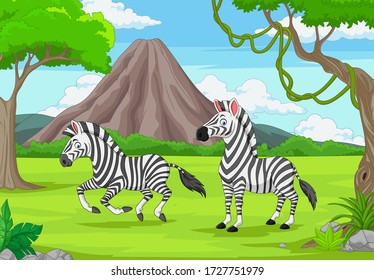 Cartoon two zebras in the jungle