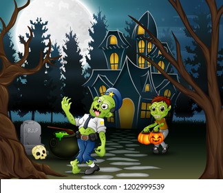 Cartoon of two zombie in front of the haunted house