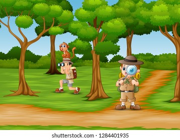 Cartoon two zookeeper in the jungle
