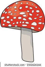 Cartoon two-dimensional illustration of a small red mushroom with white spots