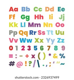 tipo de dibujos animados, abc vectorial de niños multicolores, letras, números y símbolos
