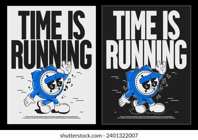 Cartoon typography groovy poster 70s . Cute retro walking clock characters, Hippie style. With text "Time is running". Vintage prints