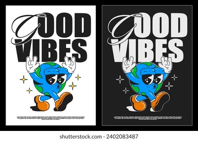 Cartoon typography groovy poster 70s . Cute retro walking planet characters, Hippie style. With text "Good vibes". Vintage prints