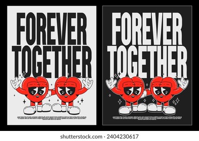 Cartoon typography groovy poster 70s . Cute retro heart characters hugging, Hippie style. With text "Forever together". Vintage prints