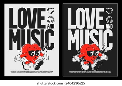 Cartoon typography groovy poster 70s . Cute retro walking heart characters, Hippie style. With text "Love and music". Vintage prints