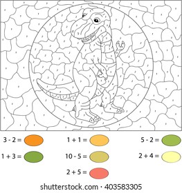 Cartoon tyrannosaur. Color by number educational game for schoolchild and preschool kids