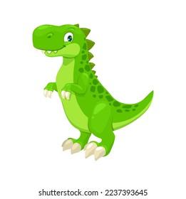 Cartoon tyrannosaur dinosaur character, cute t-rex dino. Funny smiling personage of jurassic era with green skin and long talons. Standing friendly reptile creature, paleontology dinosaur mascot