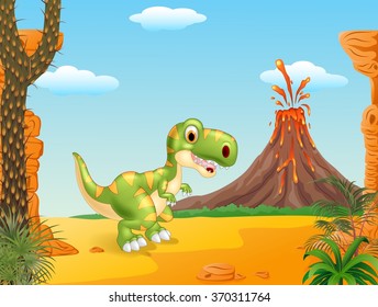 Cartoon tyrannosaurus dinosaur mascot on the Prehistoric background