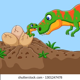 Cartoon Tyrannosaurus with her baby hatching 