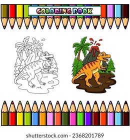 Cartoon tyrannosaurus in the jungle for coloring book