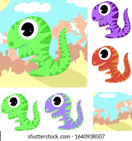 Cartoon Tyrannosaurus Rex Dinosaur Baby and Background Scenery Collection Cartoon Illustration Vector
