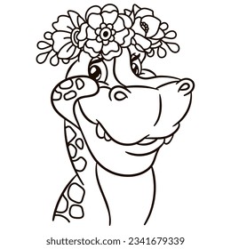 Cartoon tyrannosaurus rex dinosaur in floral crown. Cute baby animal nursery print