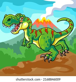 cartoon tyrannosaurus rex mascot isolated on erupting mountain scenery background