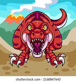 cartoon tyrannosaurus rex mascot isolated on erupting mountain scenery background