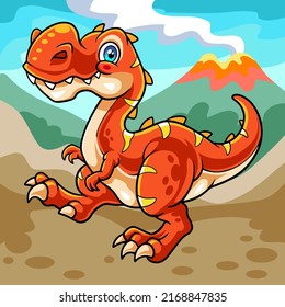 cartoon tyrannosaurus rex mascot isolated on erupting mountain scenery background