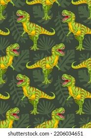 Cartoon tyrannosaurus rex with palm leaves. Vector seamless pattern
