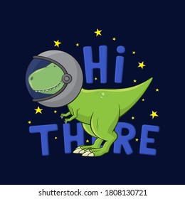 Cartoon Tyrannosaurus Rex in spacesuit. Cute dinosaur t-rex in spacesuit stands on dark blue background. T-shirt print design for kid clothes. Vector illustration.