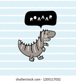 Cartoon Tyrannosaurus rex. T-shirt print design for kids fashion with Cute Dinosaur with "Roaaar" Speech Bubble. Cheerful Dinosaur. Animal vector illustration. Print or Poster for Children