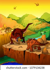 Cartoon tyrannosaurus and triceratops with landscape background. Vector illustration of a cartoon dinosaurs.