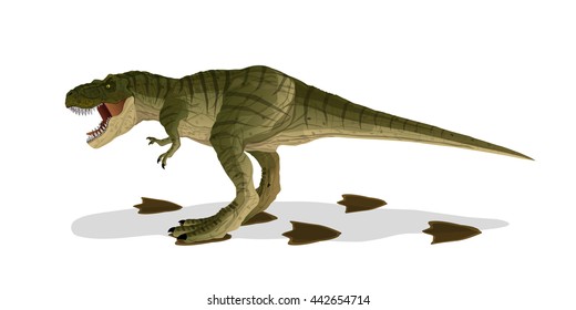 Cartoon Tyrannosaurus(T-rex) green color natural camouflage pattern are tiptoeing walk Footprints isolated on white background. Vector Illustration