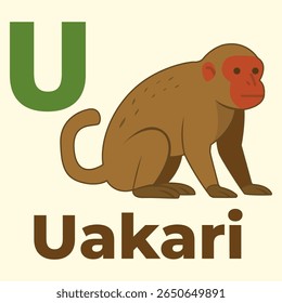 Cartoon uakari monkey ao lado da letra U. Um único primata da floresta tropical para aprendizagem de alfabetos, flashcards e conteúdo educacional. Diversão e escolha rara para projetos de crianças com temas animais.