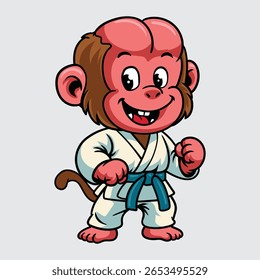 Cartoon uakari wearing a blue belt karate uniform, confidently posing in a ready-to-fight martial arts stance
