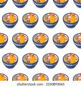 cartoon udon, japanese food seamless pattern on colorful background