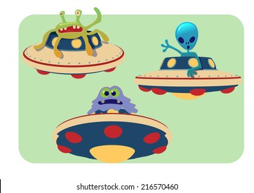 cartoon UFO and alien hand drawn vector illustration