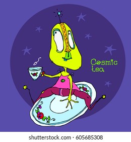 cartoon ufo alien in space. funny flying saucer. vector illustration.  A blue flat  with an alien.  Blue spaceship and cup of tea