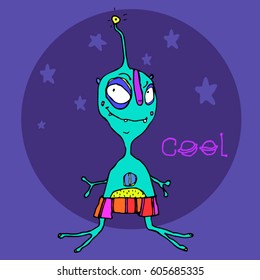 Cartoon ufo alien in space said Cool. Vector illustration. Colorful underpants.