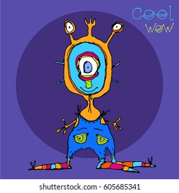 Cartoon ufo alien in space said Cool and Wow. Vector illustration. Third eye. Colorful.