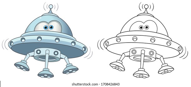 Cartoon UFO, alien space ship. Coloring page and colorful clipart character. Cute design for t shirt print, icon, logo, label, patch or sticker. Vector illustration.