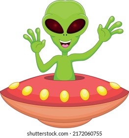 cartoon UFO with alien waving 