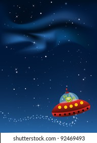 Cartoon Ufo in Galaxy Sky