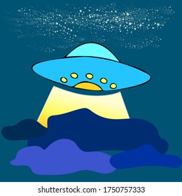 Cartoon UFO in the night sky among the clouds, flying saucer with spotlights, aliens, inhabitants of other planets, galactic civilizations. Vector illustration on a blue background for July 2 UFO Day.